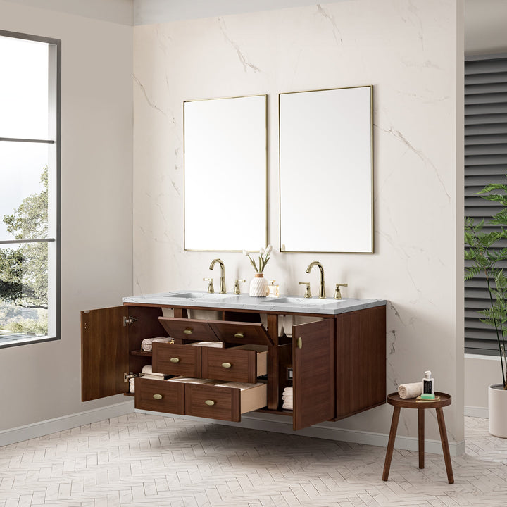 Amberly 60" Double Vanity, Mid-Century Walnut w/ 3 CM Ethereal Noctis Top w/FreePower Wireless Charger