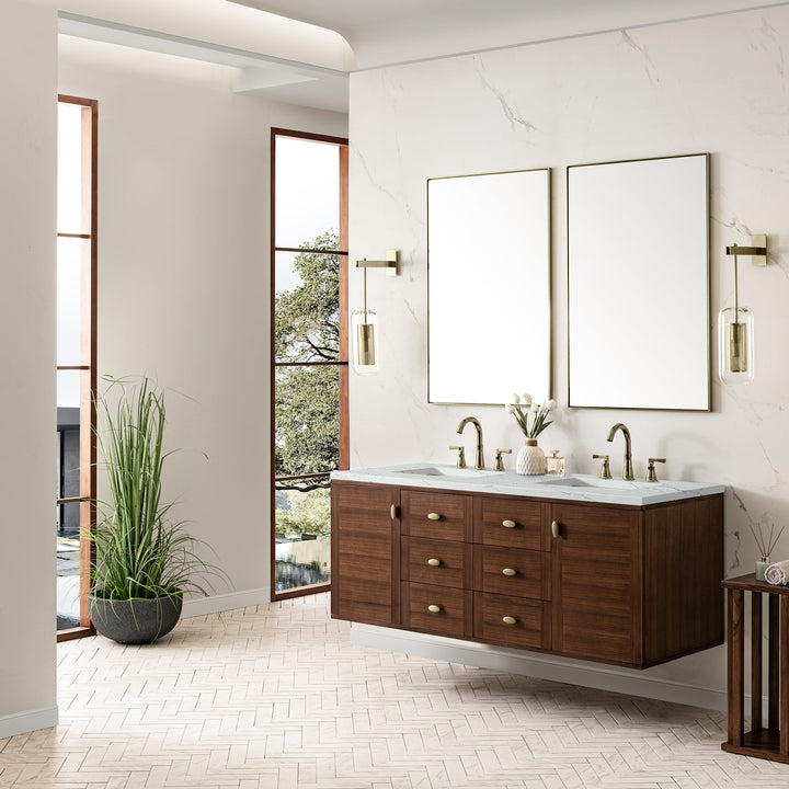 Amberly 60" Double Vanity, Mid-Century Walnut w/ 3 CM Ethereal Noctis Top w/FreePower Wireless Charger