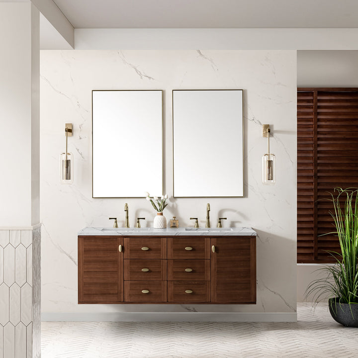 Amberly 60" Double Vanity, Mid-Century Walnut w/ 3 CM Ethereal Noctis Top w/FreePower Wireless Charger