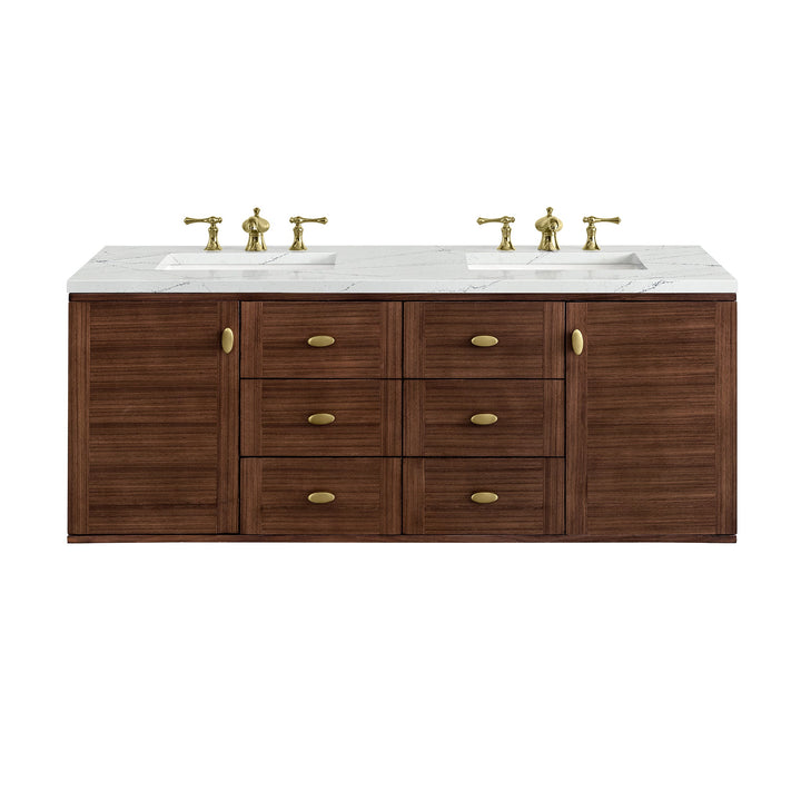 Amberly 60" Double Vanity, Mid-Century Walnut w/ 3 CM Ethereal Noctis Top w/FreePower Wireless Charger