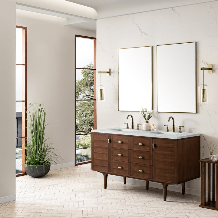 Amberly 60" Double Vanity, Mid-Century Walnut w/ 3 CM Ethereal Noctis Top w/FreePower Wireless Charger