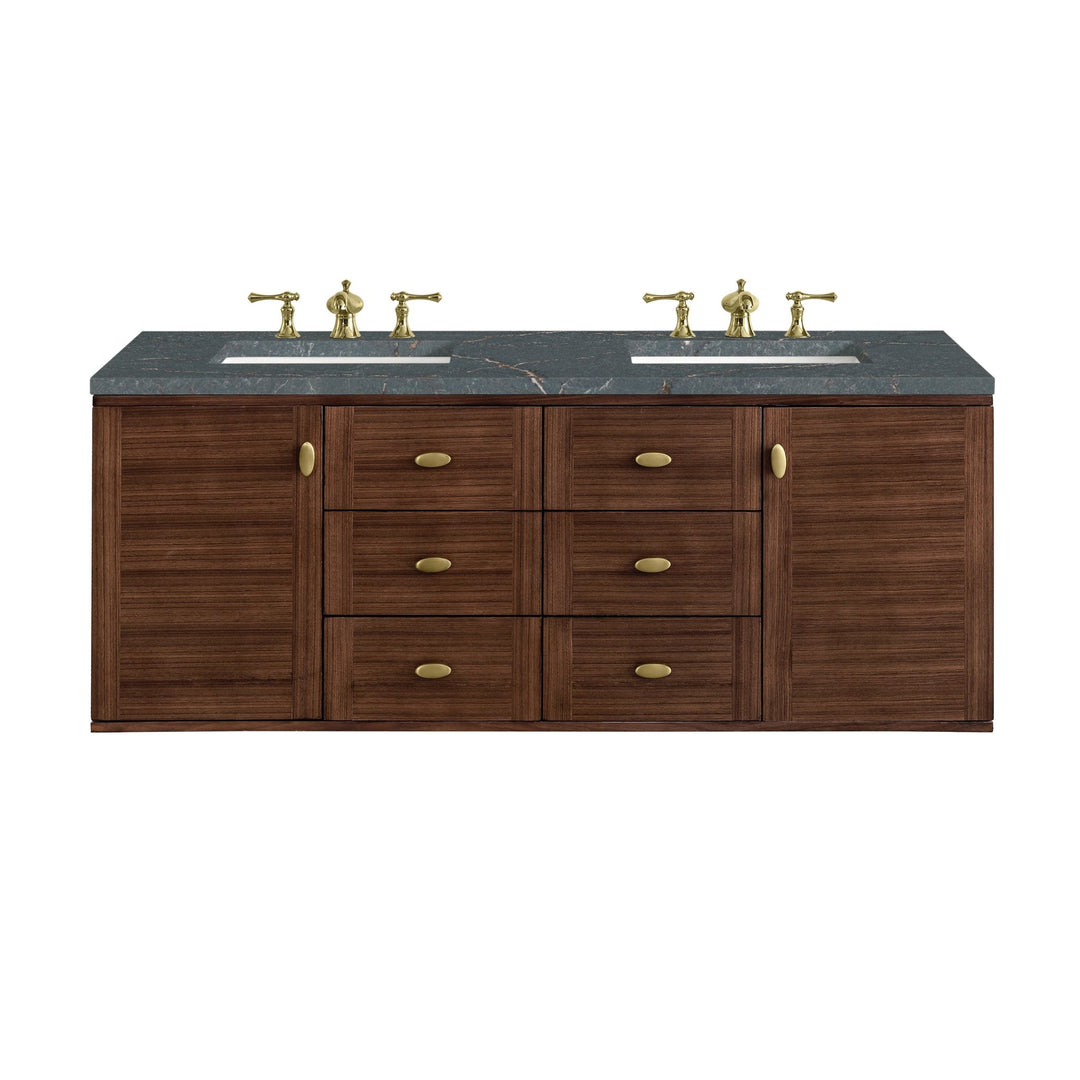 Amberly 60" Double Vanity, Mid-Century Walnut w/ 3 CM Parisien Bleu Top