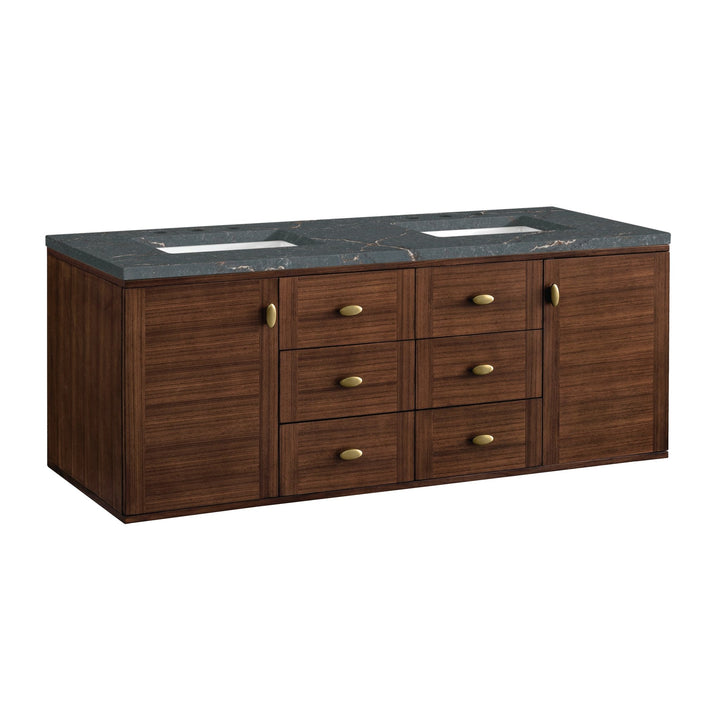 Amberly 60" Double Vanity, Mid-Century Walnut w/ 3 CM Parisien Bleu Top w/FreePower Wireless Charger