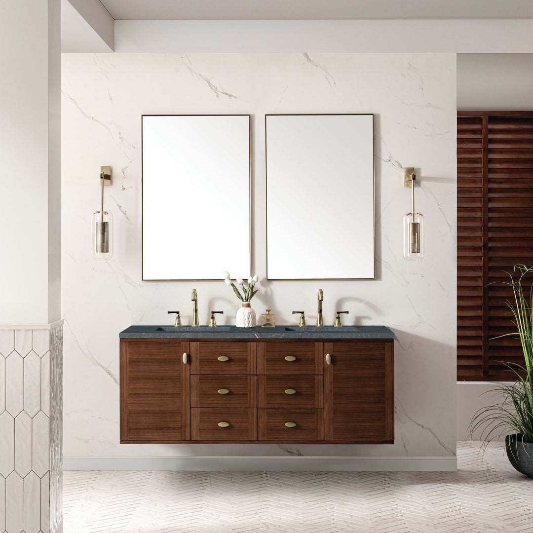 Amberly 60" Double Vanity, Mid-Century Walnut w/ 3 CM Parisien Bleu Top w/FreePower Wireless Charger