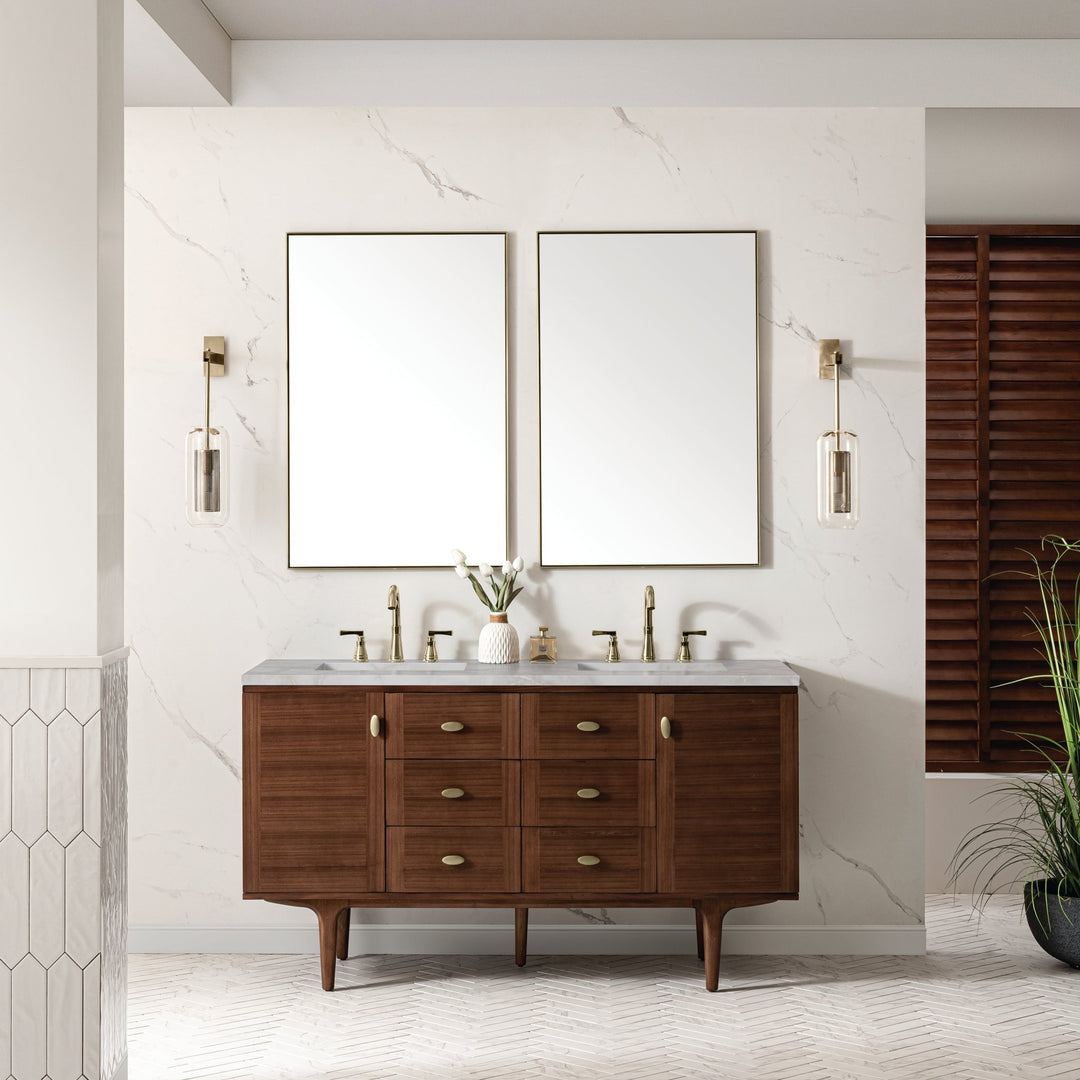 Amberly 60" Double Vanity, Mid-Century Walnut w/ 3 CM Victorian Silver Top