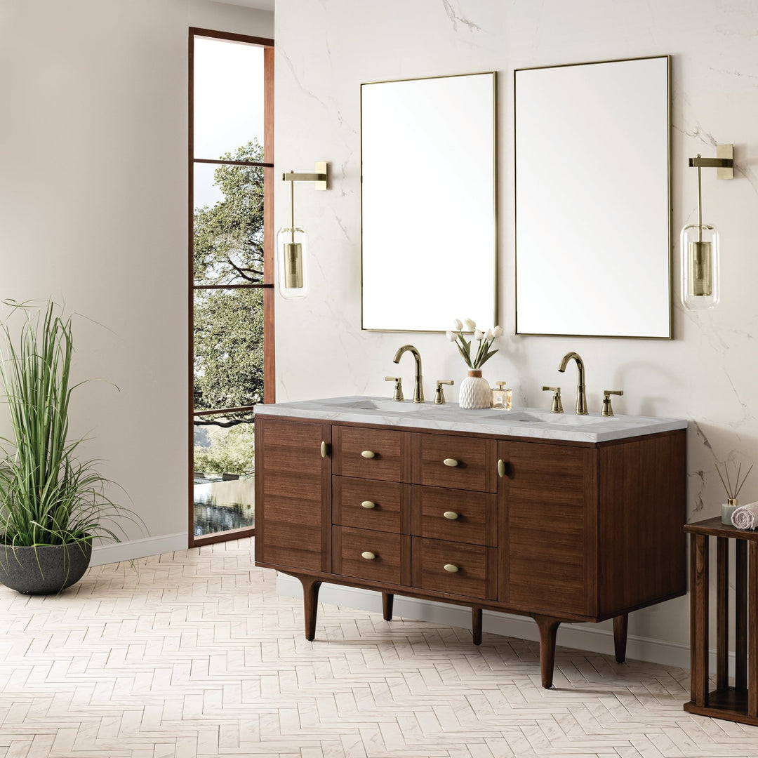 Amberly 60" Double Vanity, Mid-Century Walnut w/ 3 CM Victorian Silver Top