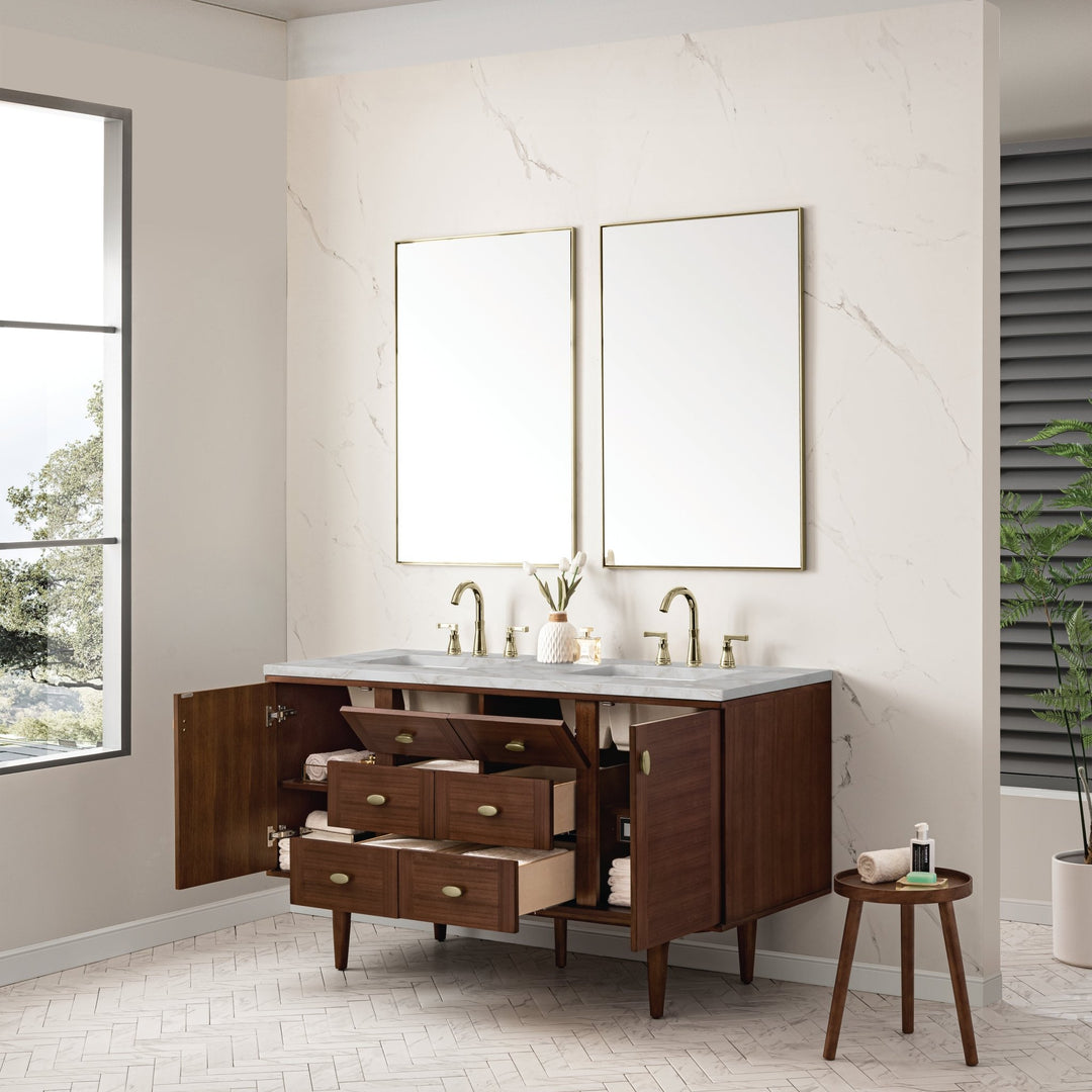 Amberly 60" Double Vanity, Mid-Century Walnut w/ 3 CM Victorian Silver Top
