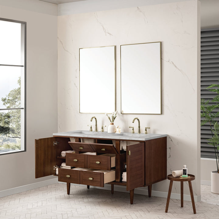 Amberly 60" Double Vanity, Mid-Century Walnut w/ 3 CM Victorian Silver Top