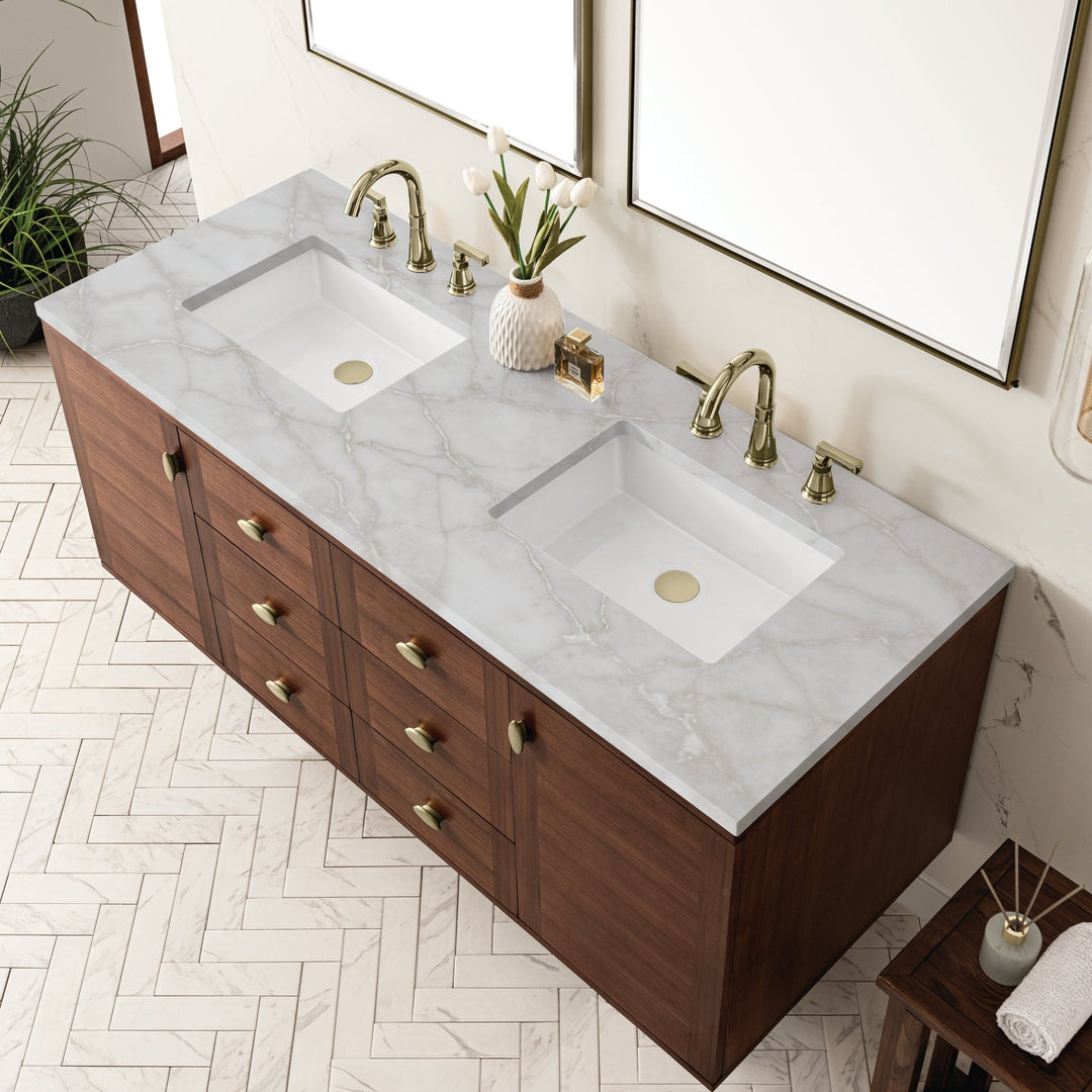 Amberly 60" Double Vanity, Mid-Century Walnut w/ 3 CM Victorian Silver Top