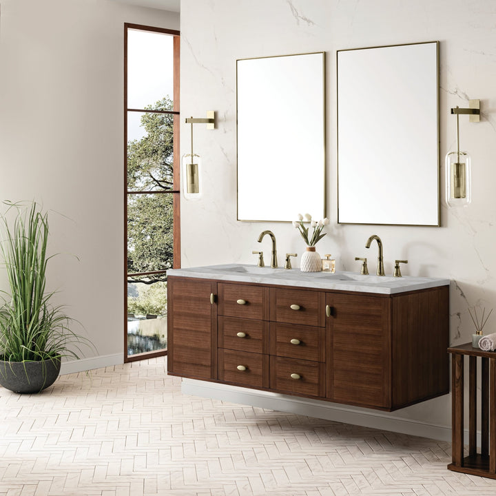 Amberly 60" Double Vanity, Mid-Century Walnut w/ 3 CM Victorian Silver Top