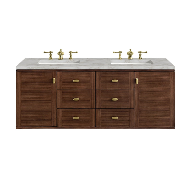 Amberly 60" Double Vanity, Mid-Century Walnut w/ 3 CM Victorian Silver Top w/FreePower Wireless Charger