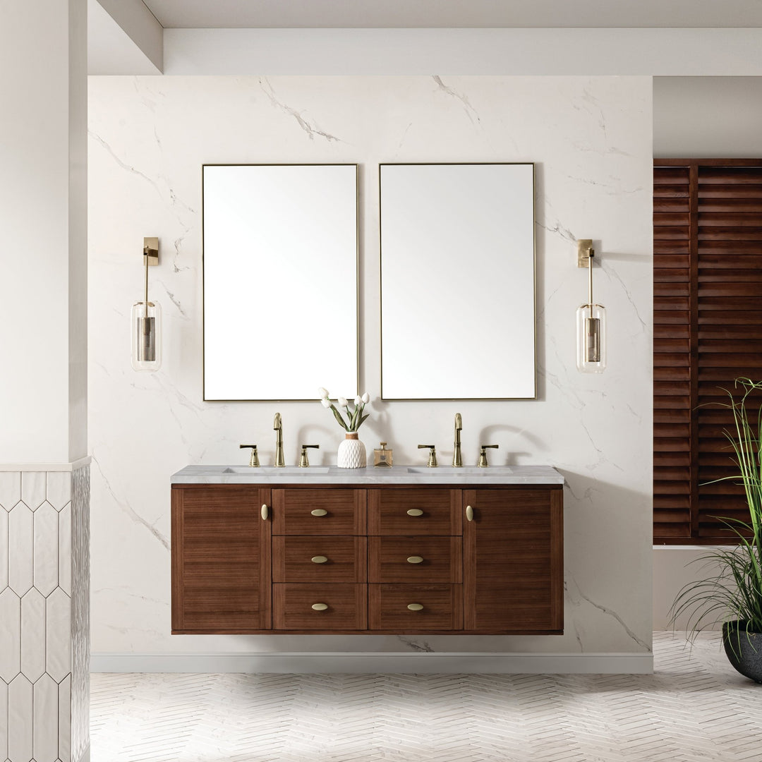 Amberly 60" Double Vanity, Mid-Century Walnut w/ 3 CM Victorian Silver Top w/FreePower Wireless Charger