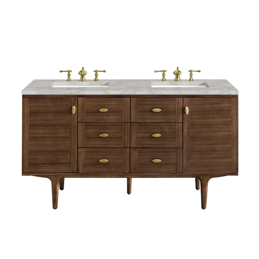 Amberly 60" Double Vanity, Mid-Century Walnut w/ 3 CM Victorian Silver Top w/FreePower Wireless Charger