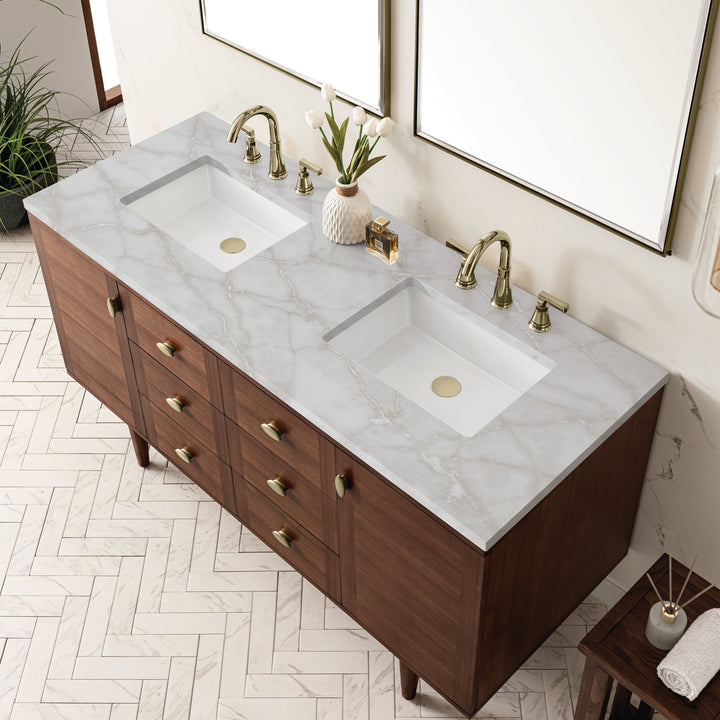 Amberly 60" Double Vanity, Mid-Century Walnut w/ 3 CM Victorian Silver Top w/FreePower Wireless Charger