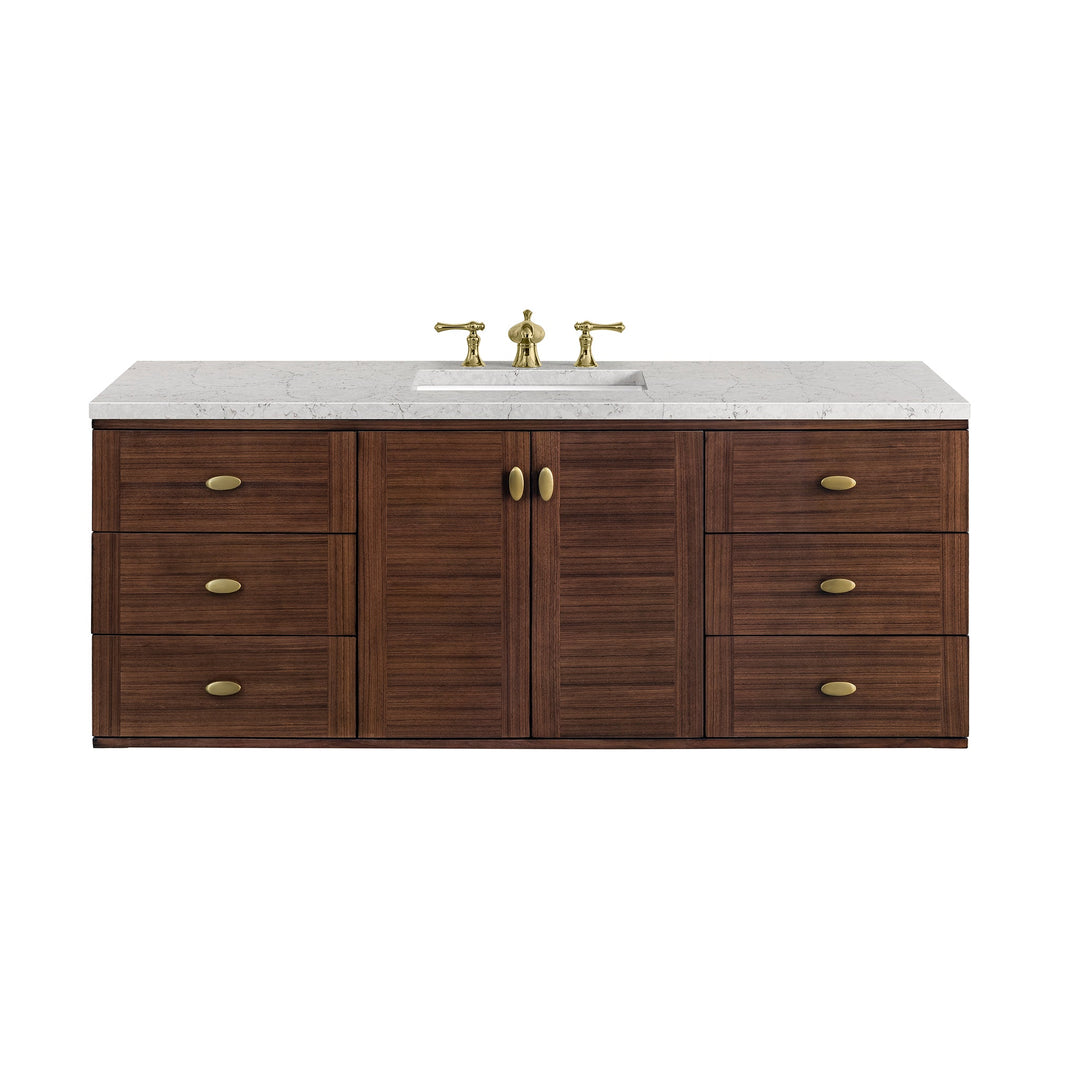 Amberly 60" Single Vanity, Mid-Century Walnut w/ 3 CM Eternal Jasmine Pearl Top w/FreePower Wireless Charger