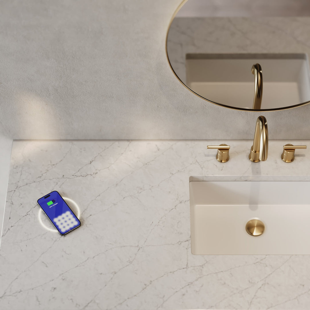 Amberly 60" Single Vanity, Mid-Century Walnut w/ 3 CM Eternal Jasmine Pearl Top w/FreePower Wireless Charger