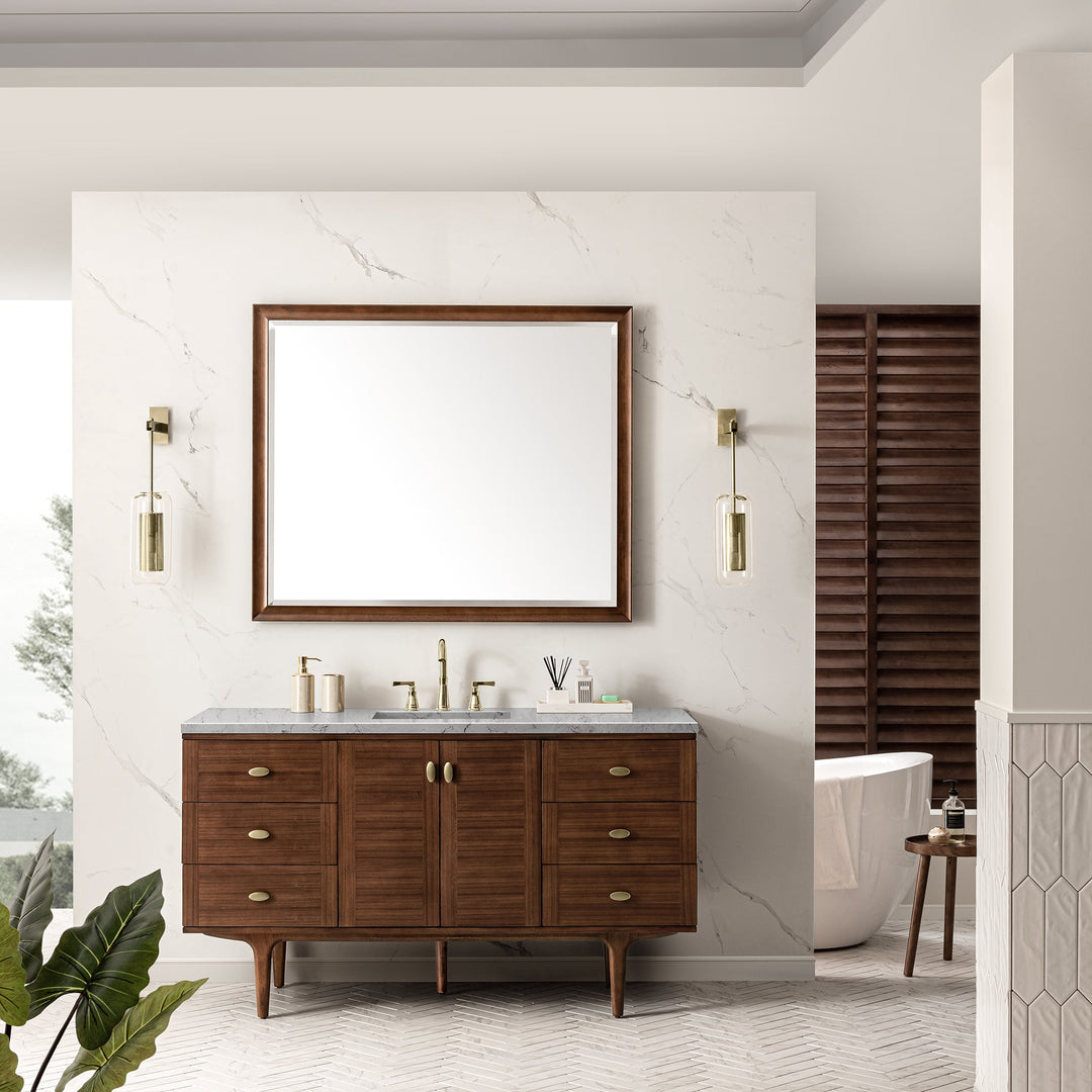 Amberly 60" Single Vanity, Mid-Century Walnut w/ 3 CM Eternal Jasmine Pearl Top w/FreePower Wireless Charger