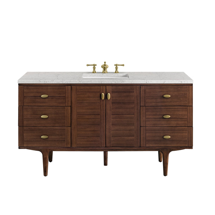 Amberly 60" Single Vanity, Mid-Century Walnut w/ 3 CM Eternal Jasmine Pearl Top w/FreePower Wireless Charger