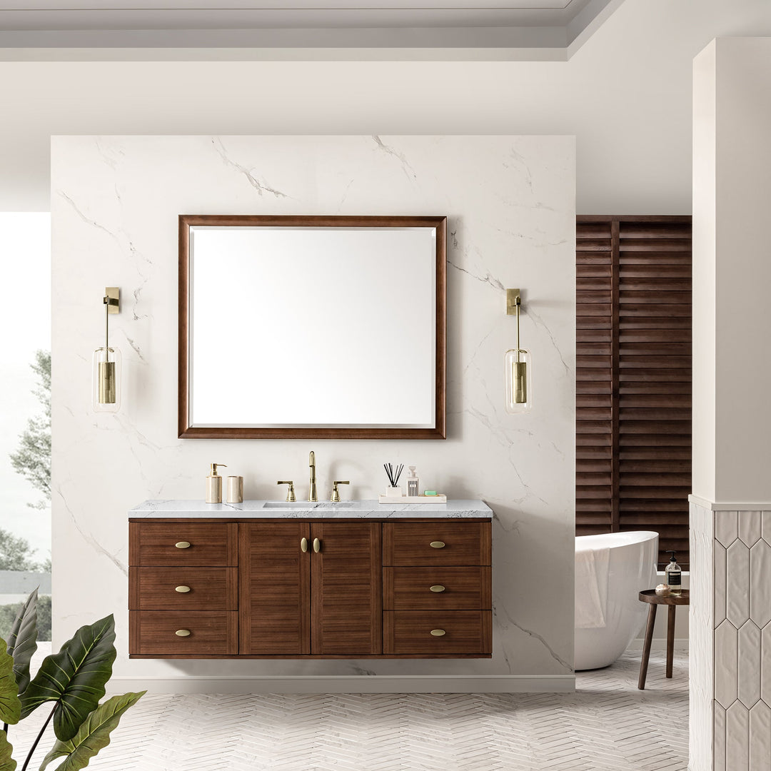 Amberly 60" Single Vanity, Mid-Century Walnut w/ 3 CM Ethereal Noctis Top w/FreePower Wireless Charger