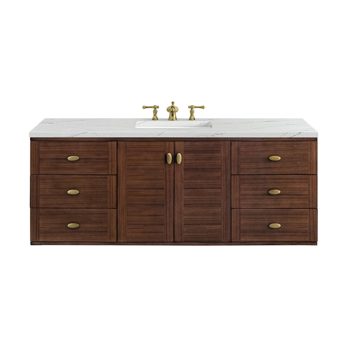 Amberly 60" Single Vanity, Mid-Century Walnut w/ 3 CM Ethereal Noctis Top w/FreePower Wireless Charger