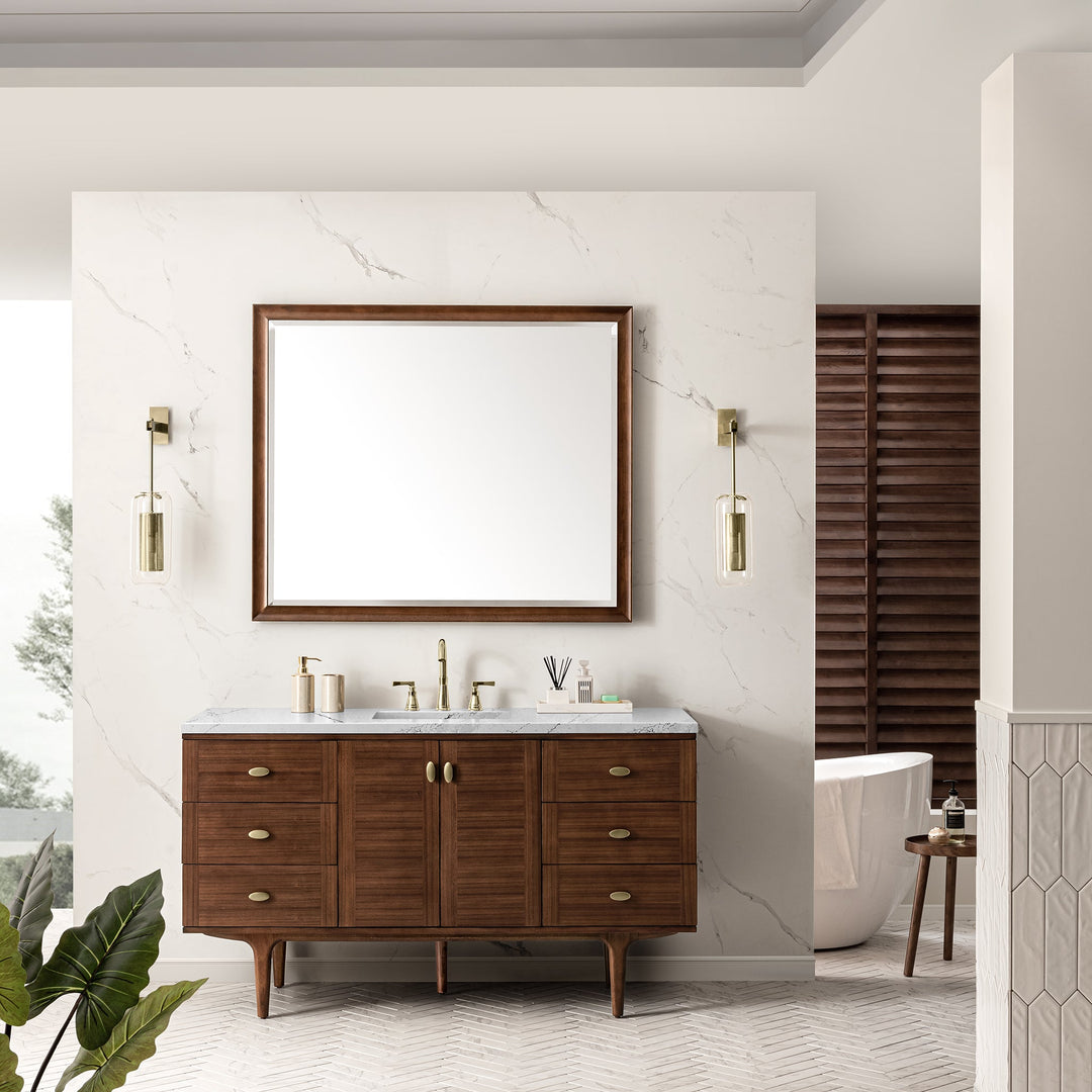 Amberly 60" Single Vanity, Mid-Century Walnut w/ 3 CM Ethereal Noctis Top w/FreePower Wireless Charger