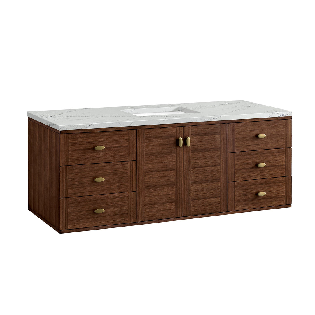 Amberly 60" Single Vanity, Mid-Century Walnut w/ 3 CM Ethereal Noctis Top w/FreePower Wireless Charger