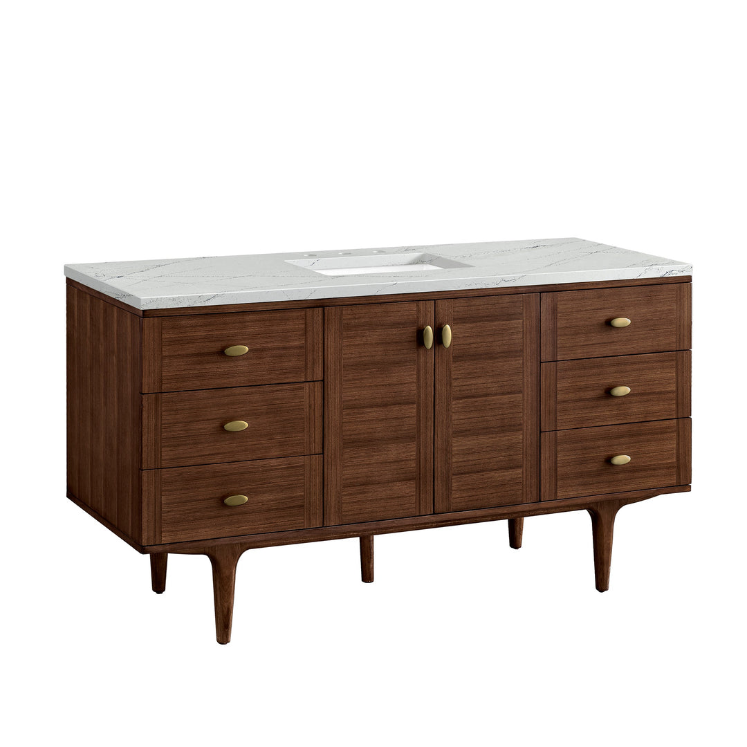 Amberly 60" Single Vanity, Mid-Century Walnut w/ 3 CM Ethereal Noctis Top w/FreePower Wireless Charger