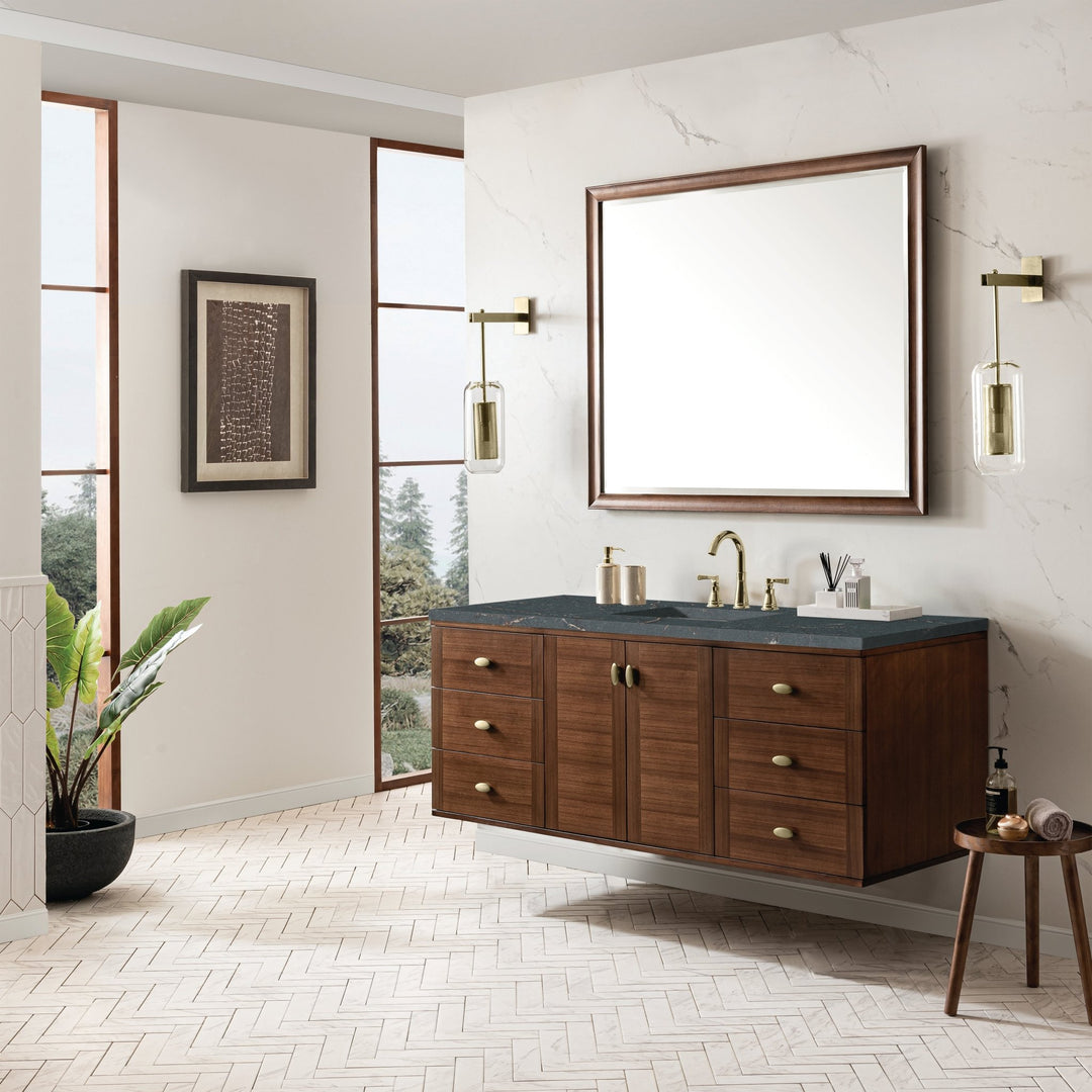 Amberly 60" Single Vanity, Mid-Century Walnut w/ 3 CM Parisien Bleu Top w/FreePower Wireless Charger