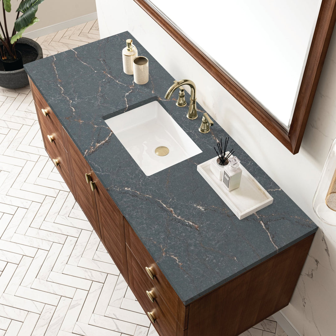 Amberly 60" Single Vanity, Mid-Century Walnut w/ 3 CM Parisien Bleu Top w/FreePower Wireless Charger