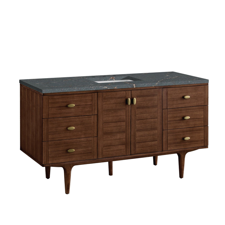 Amberly 60" Single Vanity, Mid-Century Walnut w/ 3 CM Parisien Bleu Top w/FreePower Wireless Charger