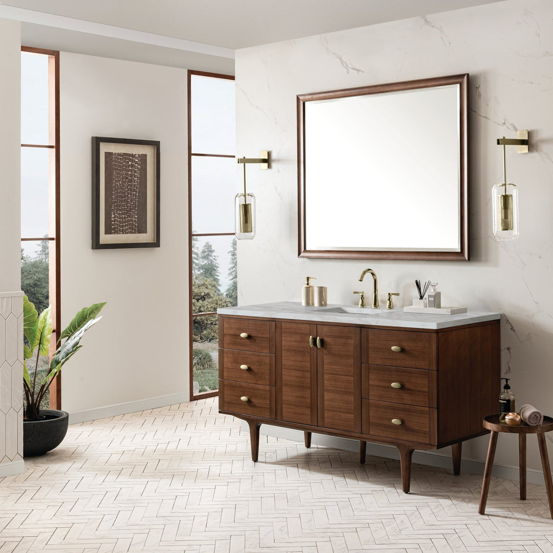 Amberly 60" Single Vanity, Mid-Century Walnut w/ 3 CM Victorian Silver Top