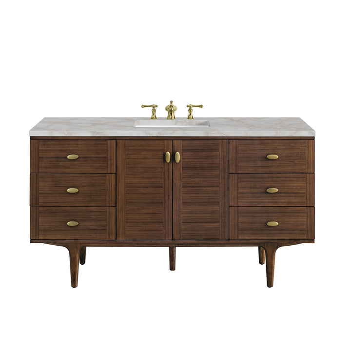 Amberly 60" Single Vanity, Mid-Century Walnut w/ 3 CM Victorian Silver Top w/FreePower Wireless Charger