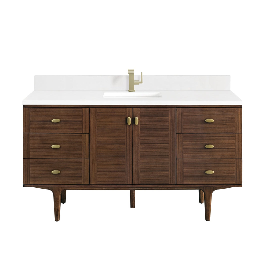 Amberly 60" Single Vanity, Mid-Century Walnut w/ Single Hole 3 CM White Zeus Top & Backsplash