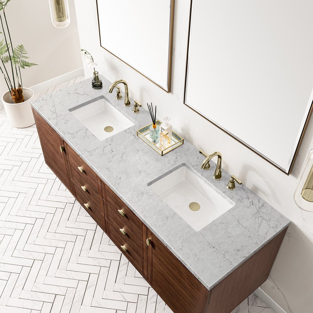 Amberly 72" Double Vanity, Mid-Century Walnut w/ 3 CM Eternal Jasmine Pearl Top w/FreePower Wireless Charger