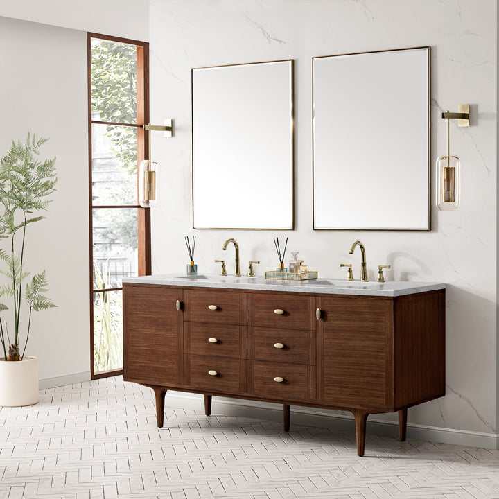 Amberly 72" Double Vanity, Mid-Century Walnut w/ 3 CM Eternal Jasmine Pearl Top w/FreePower Wireless Charger