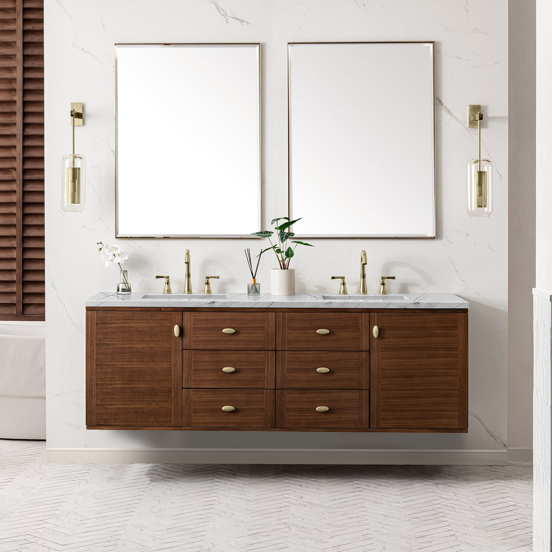 Amberly 72" Double Vanity, Mid-Century Walnut w/ 3 CM Ethereal Noctis Top w/FreePower Wireless Charger