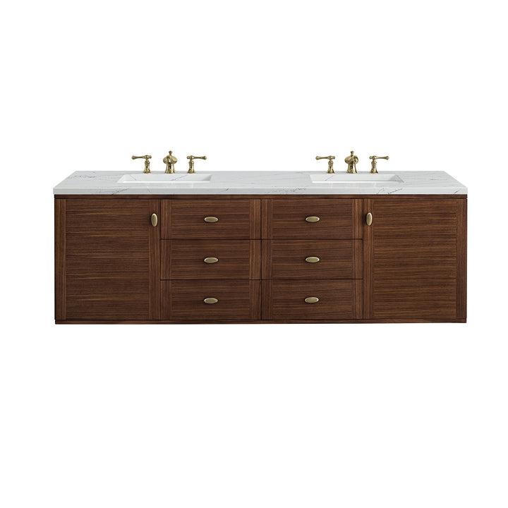 Amberly 72" Double Vanity, Mid-Century Walnut w/ 3 CM Ethereal Noctis Top w/FreePower Wireless Charger