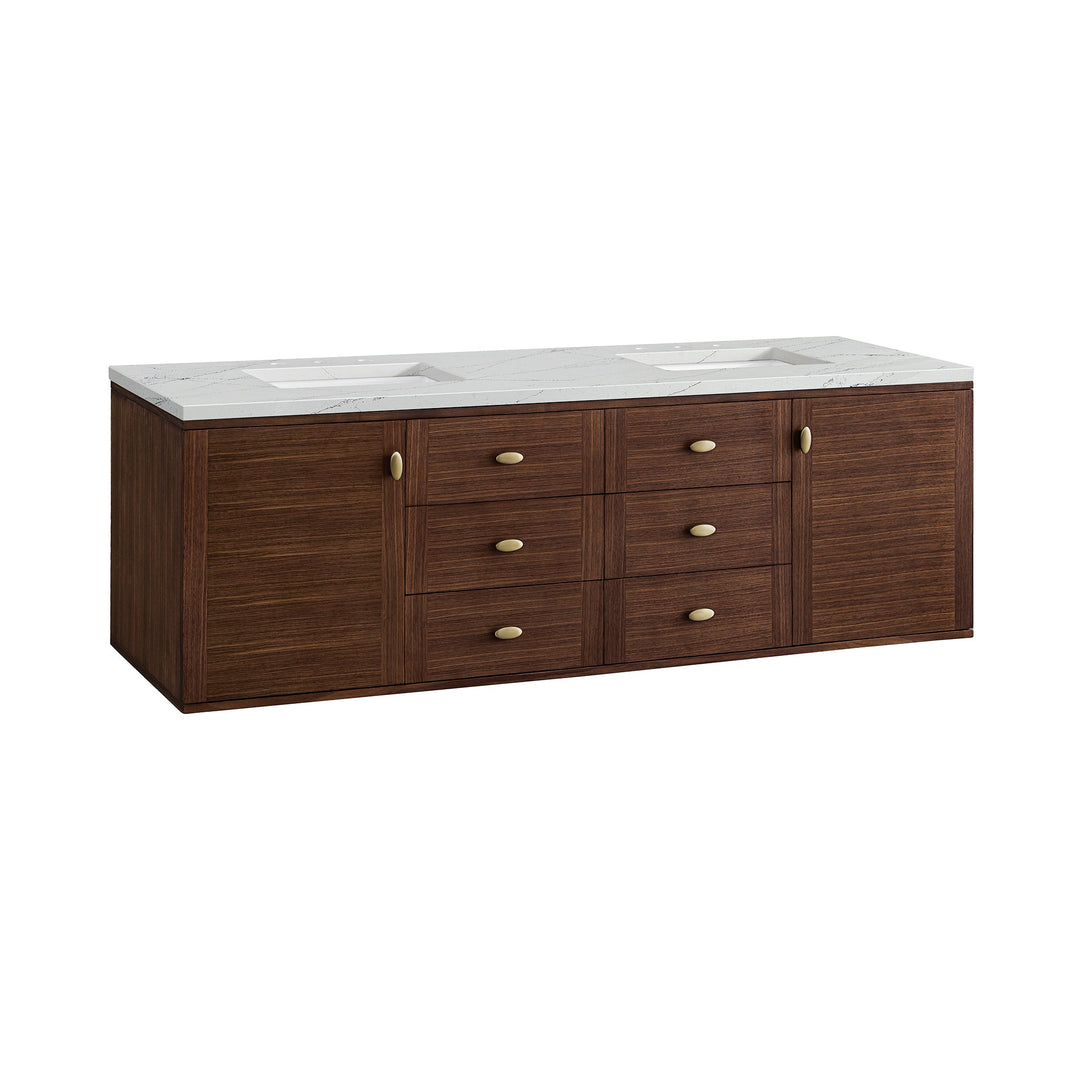 Amberly 72" Double Vanity, Mid-Century Walnut w/ 3 CM Ethereal Noctis Top w/FreePower Wireless Charger