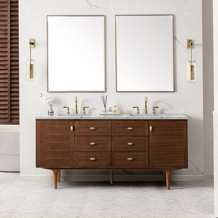 Amberly 72" Double Vanity, Mid-Century Walnut w/ 3 CM Ethereal Noctis Top w/FreePower Wireless Charger