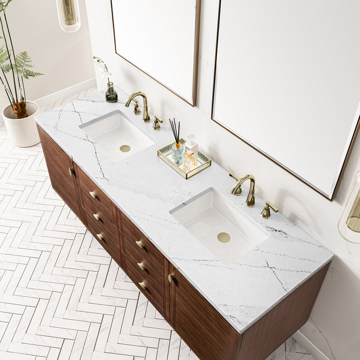 Amberly 72" Double Vanity, Mid-Century Walnut w/ 3 CM Ethereal Noctis Top w/FreePower Wireless Charger