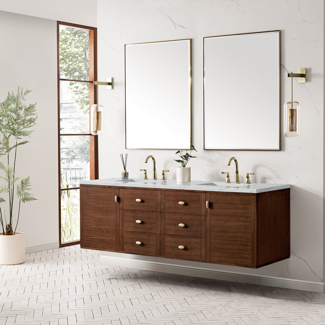 Amberly 72" Double Vanity, Mid-Century Walnut w/ 3 CM Ethereal Noctis Top w/FreePower Wireless Charger