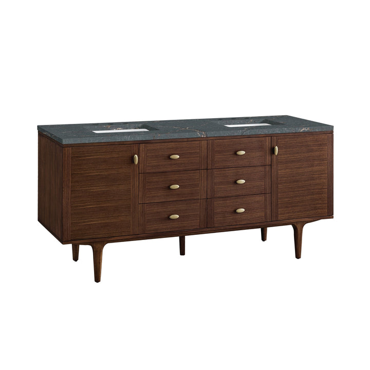 Amberly 72" Double Vanity, Mid-Century Walnut w/ 3 CM Parisien Bleu Top