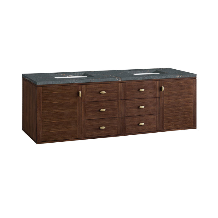 Amberly 72" Double Vanity, Mid-Century Walnut w/ 3 CM Parisien Bleu Top