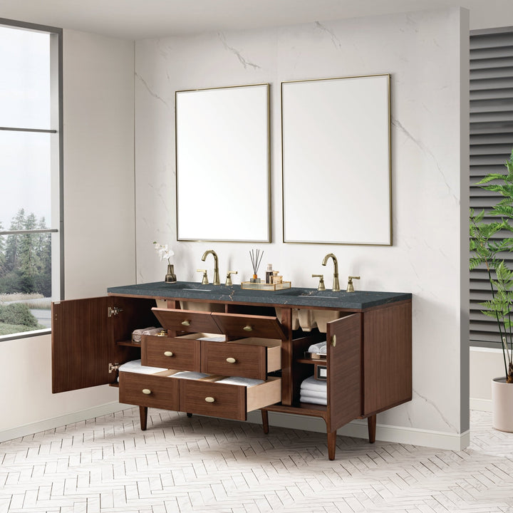 Amberly 72" Double Vanity, Mid-Century Walnut w/ 3 CM Parisien Bleu Top w/FreePower Wireless Charger