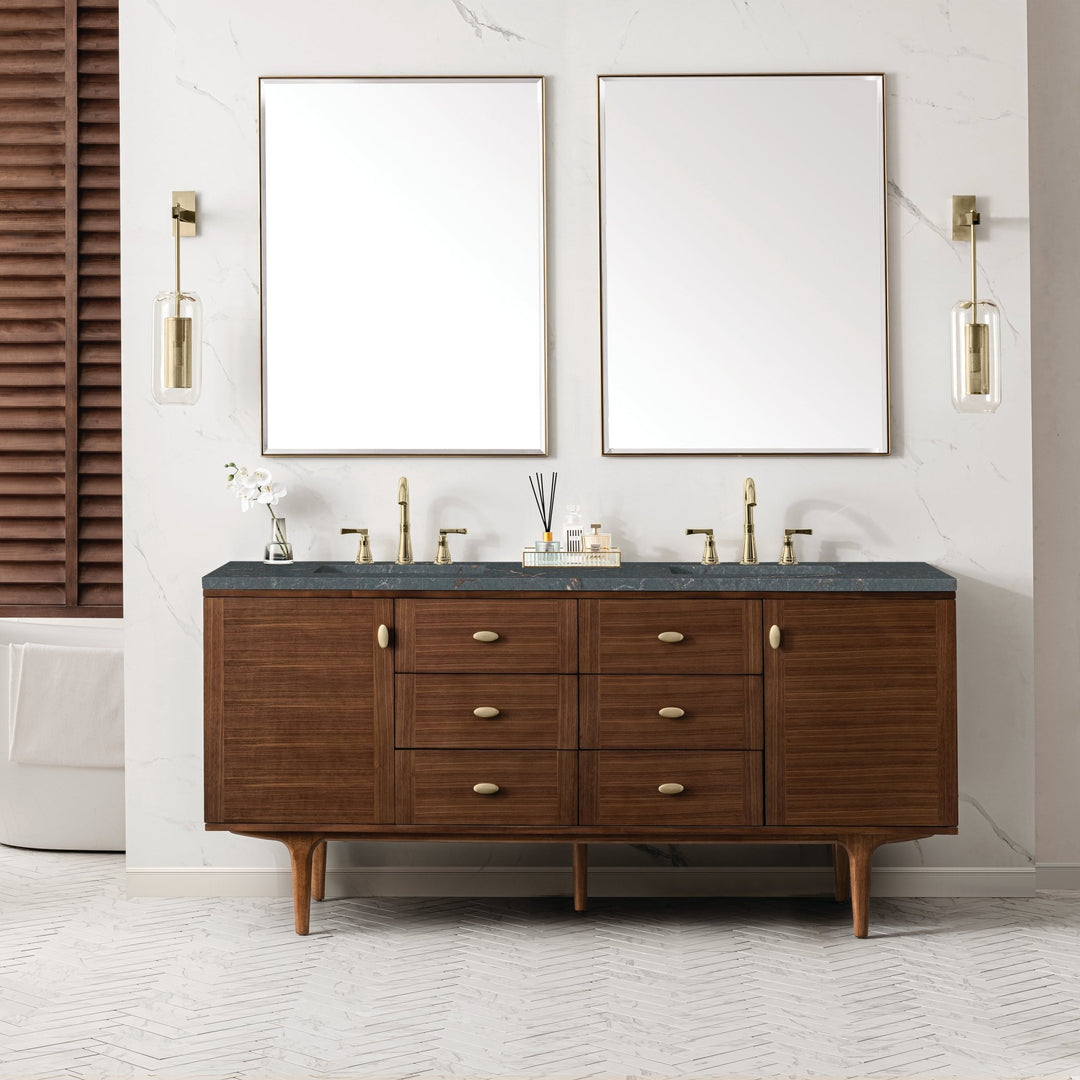 Amberly 72" Double Vanity, Mid-Century Walnut w/ 3 CM Parisien Bleu Top w/FreePower Wireless Charger
