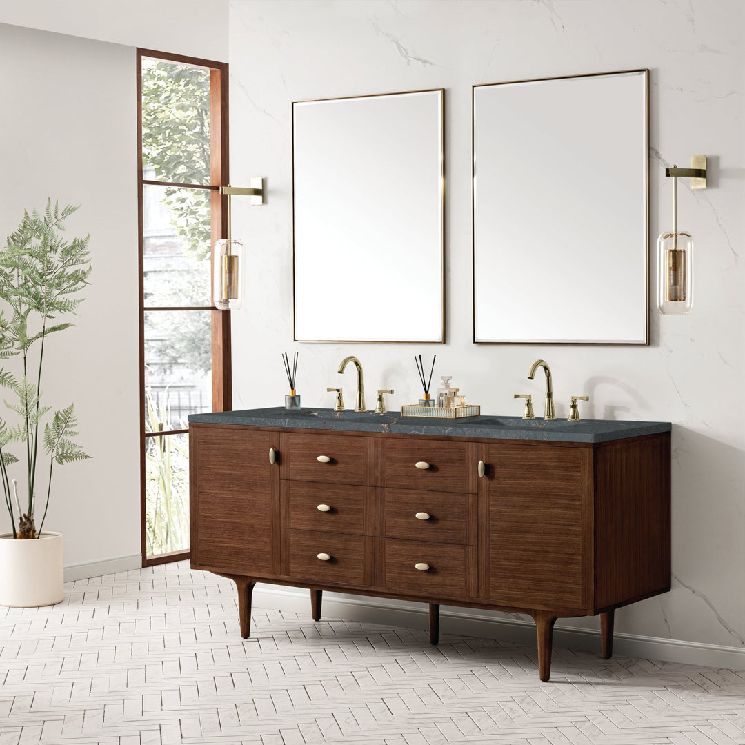 Amberly 72" Double Vanity, Mid-Century Walnut w/ 3 CM Parisien Bleu Top w/FreePower Wireless Charger