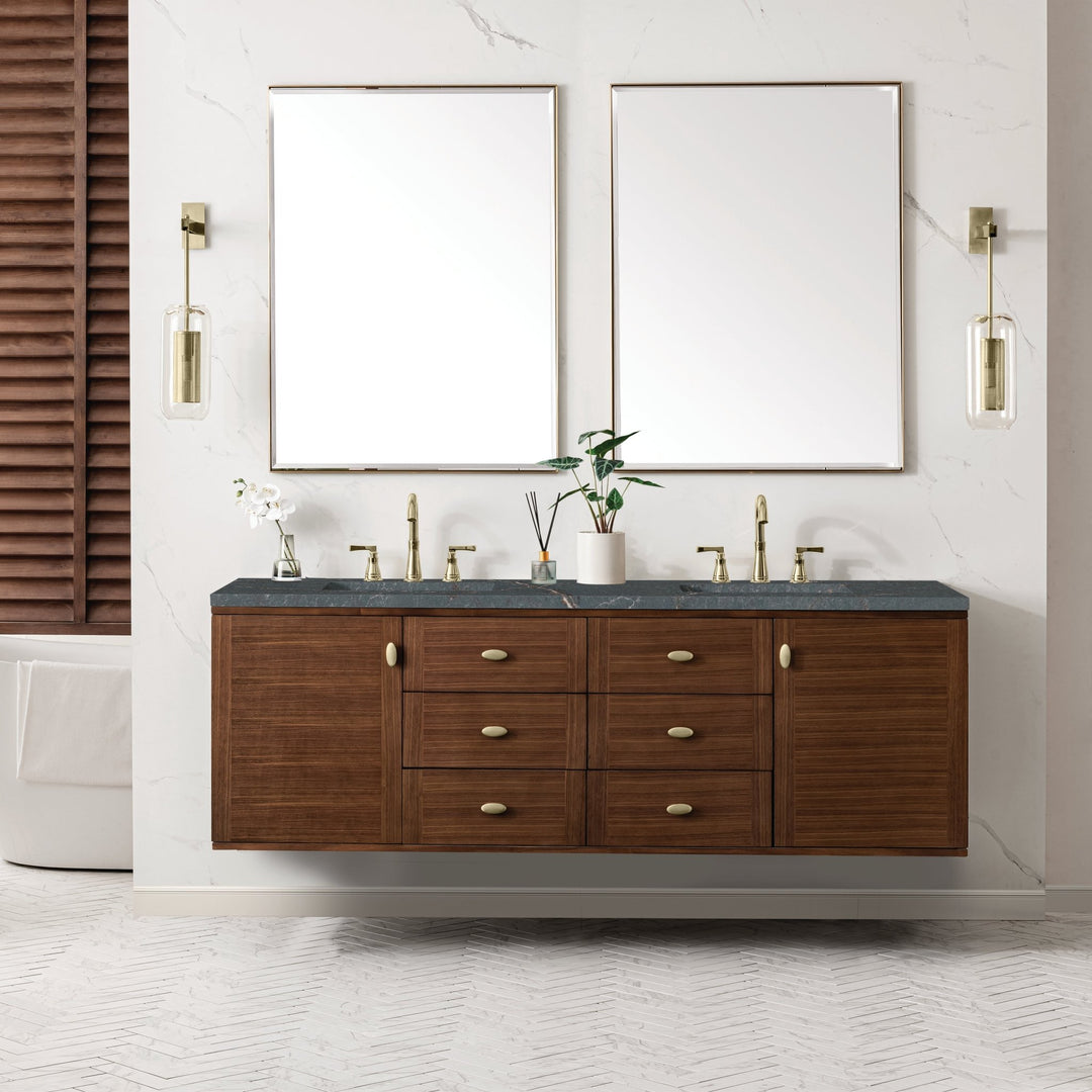 Amberly 72" Double Vanity, Mid-Century Walnut w/ 3 CM Parisien Bleu Top w/FreePower Wireless Charger
