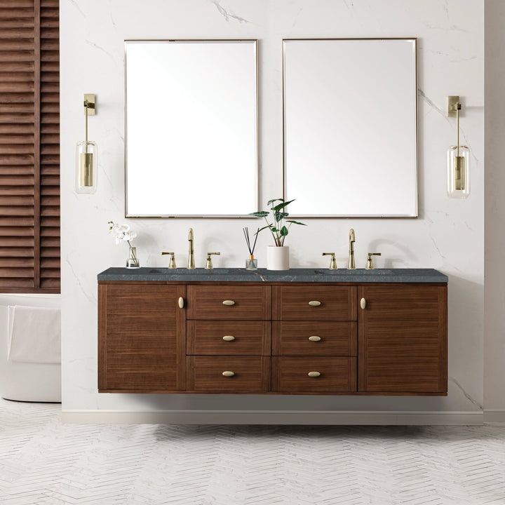Amberly 72" Double Vanity, Mid-Century Walnut w/ 3 CM Parisien Bleu Top w/FreePower Wireless Charger
