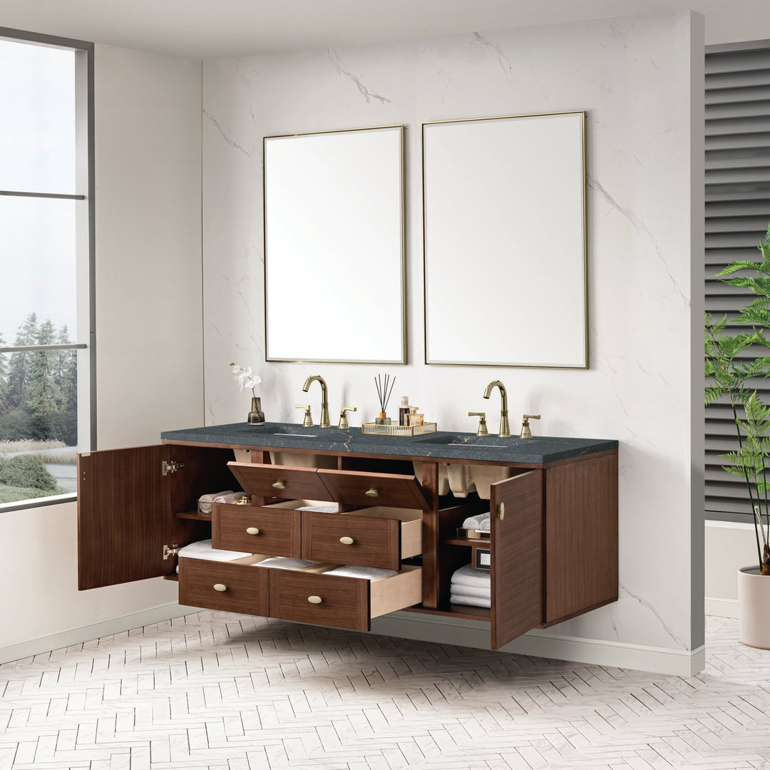 Amberly 72" Double Vanity, Mid-Century Walnut w/ 3 CM Parisien Bleu Top w/FreePower Wireless Charger