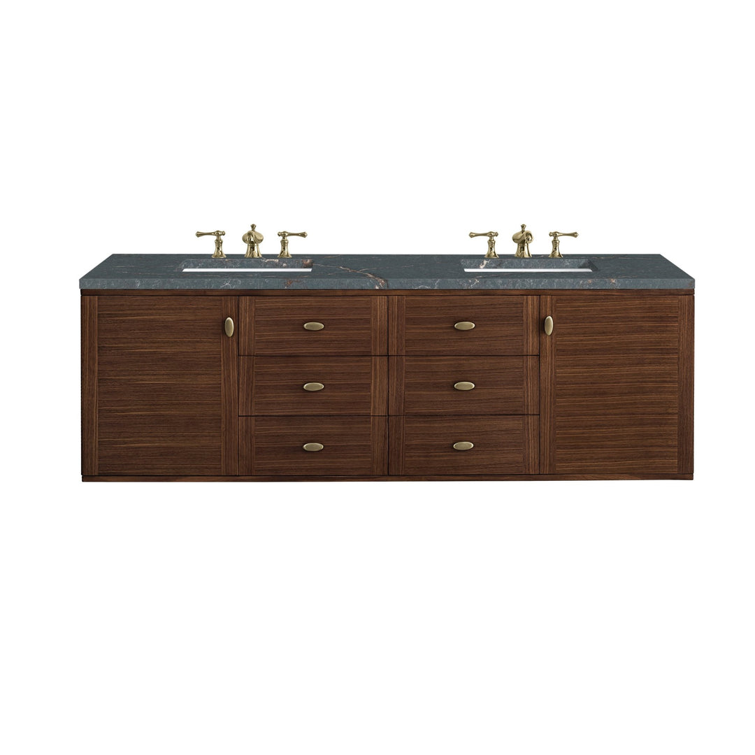 Amberly 72" Double Vanity, Mid-Century Walnut w/ 3 CM Parisien Bleu Top w/FreePower Wireless Charger